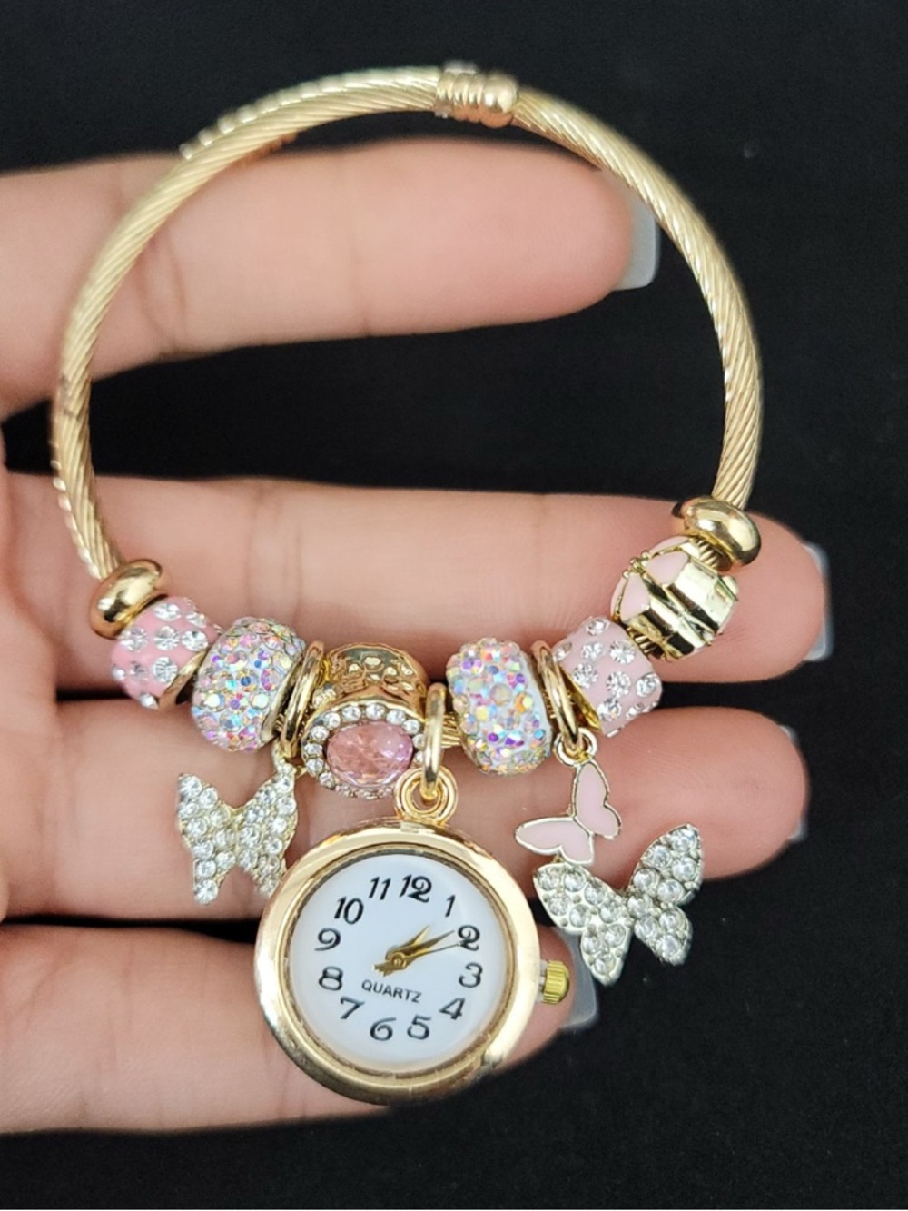 New Gold and Pink Butterfly Charm Watch Bracelet - Quartz Stainless steel